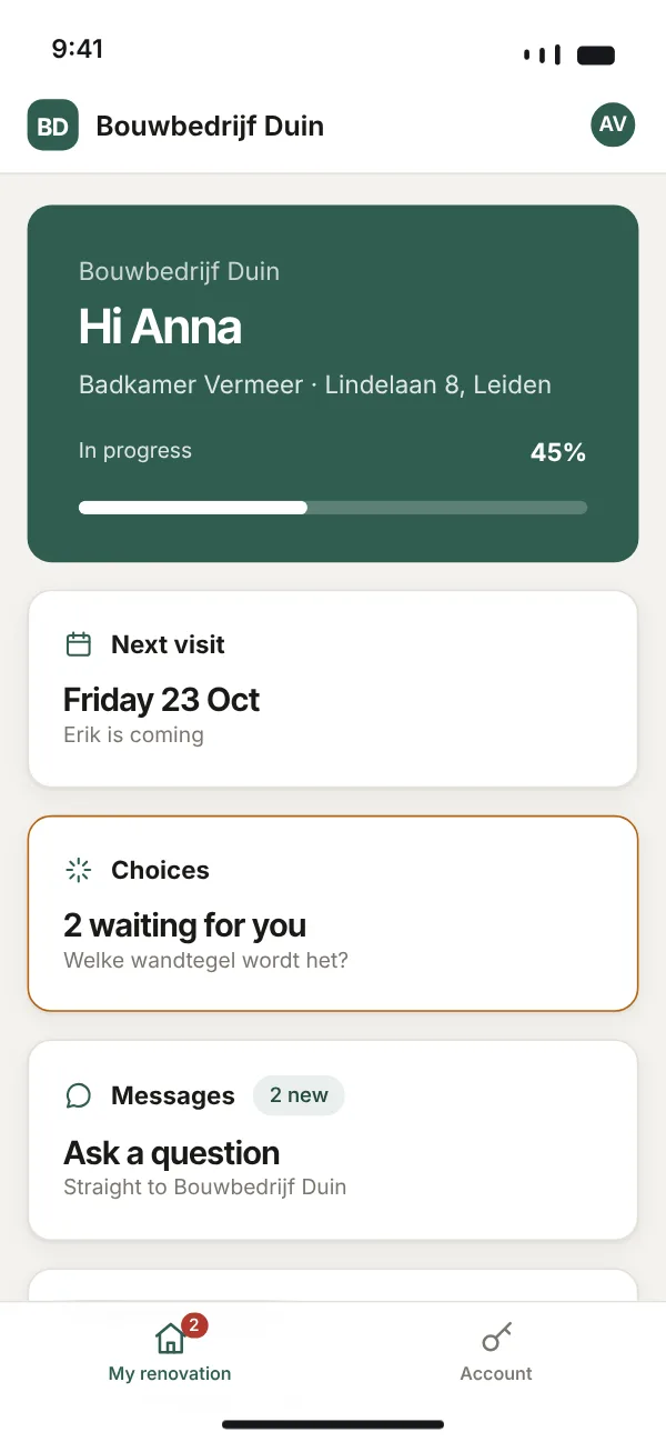 Client portal on a phone with progress, choices and messages