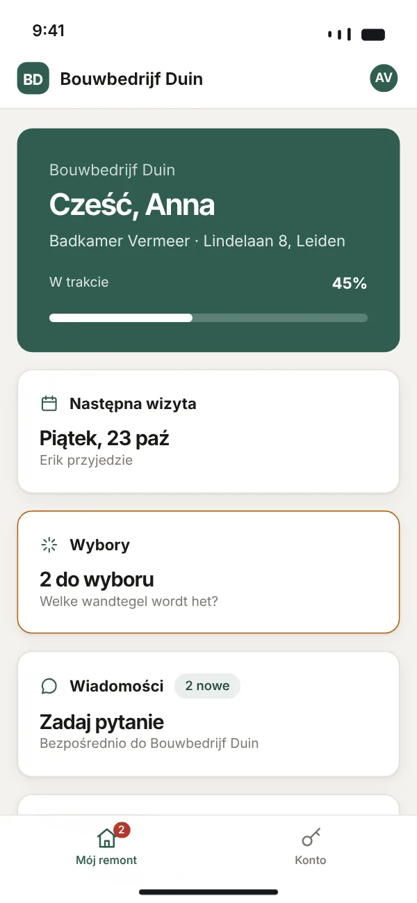 Portal klienta w telefonie z postępem, wyborami i wiadomościami