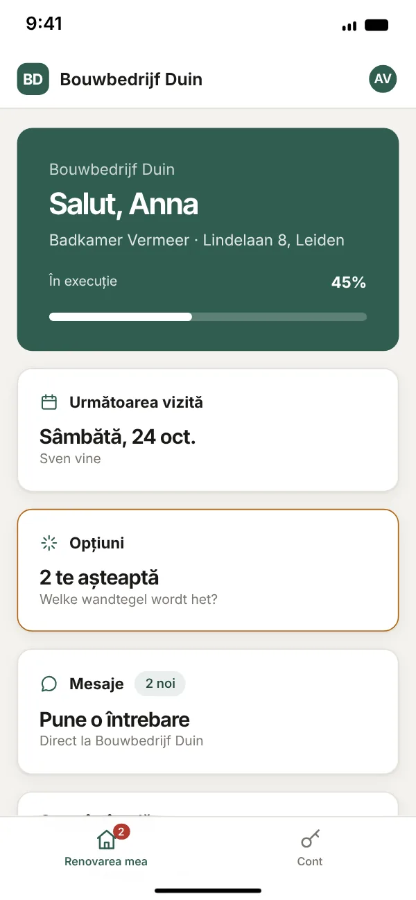 Portalul clientului pe telefon, cu progres, opțiuni și mesaje