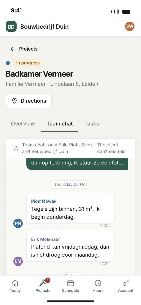 A project's team chat on a phone