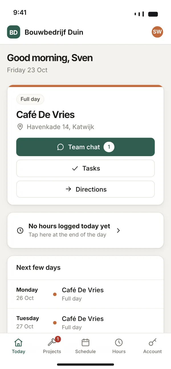 A tradesman's phone screen: today's job with team chat, tasks and directions